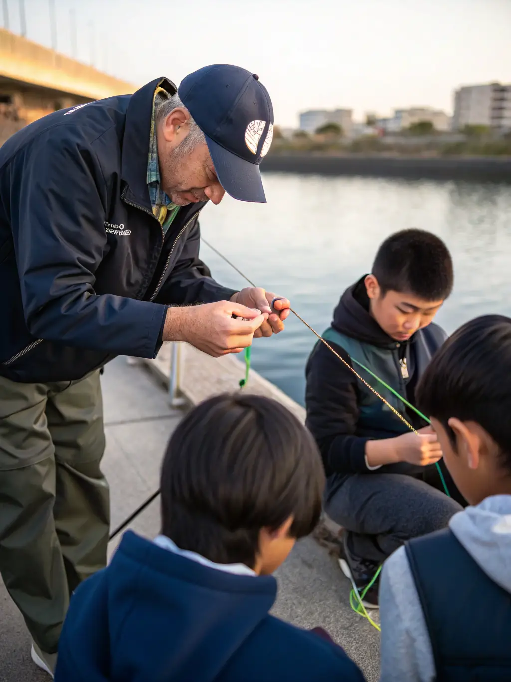 An image of a fishing workshop at L'ETANG AMICUS, with an instructor demonstrating techniques to participants.