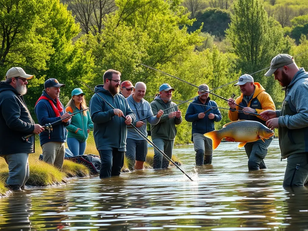 A scenic photograph capturing the excitement of a recreational fishing event at L'ETANG AMICUS, with participants actively engaged in fishing and enjoying the natural surroundings.