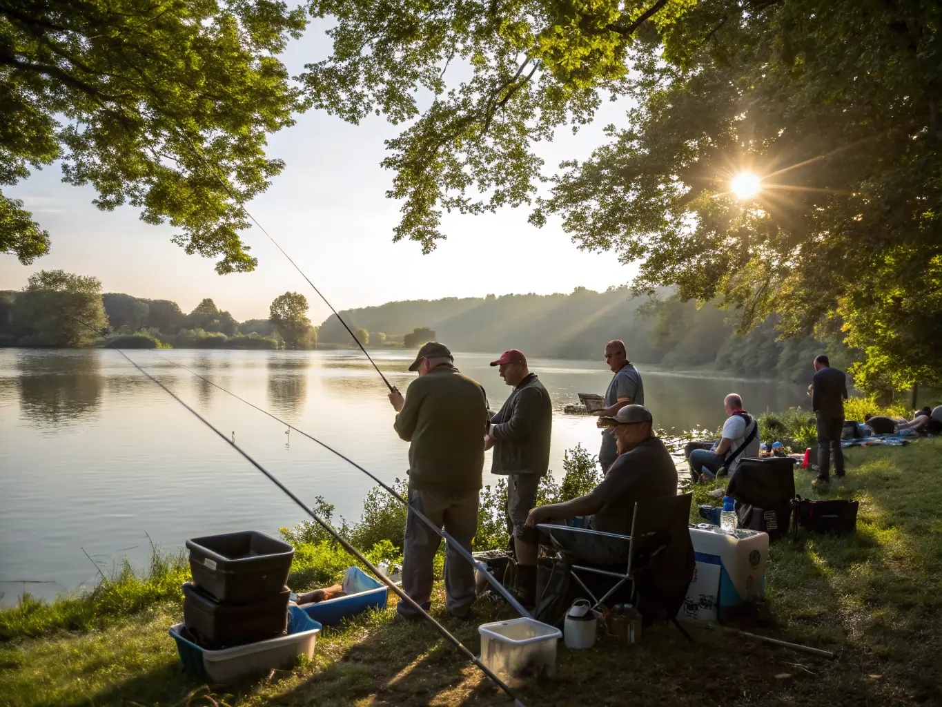 A photograph showcasing a group of L'ETANG AMICUS members participating in a fishing workshop, learning new techniques and sharing their knowledge.