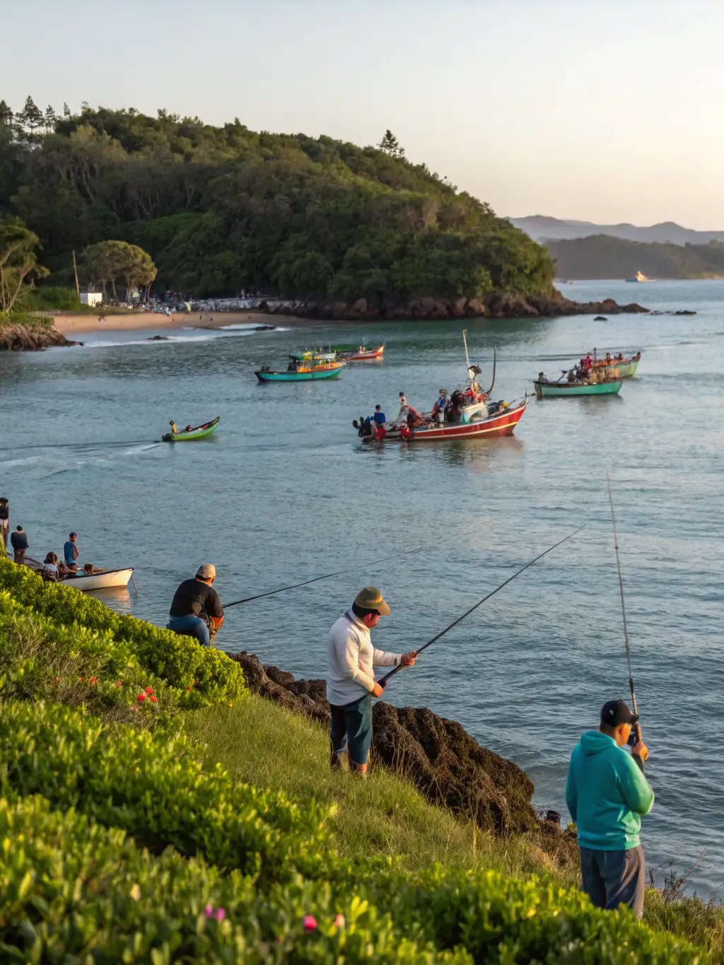 A photograph of a group of anglers participating in a friendly fishing competition at L'ETANG AMICUS, showcasing the camaraderie and excitement of the event.